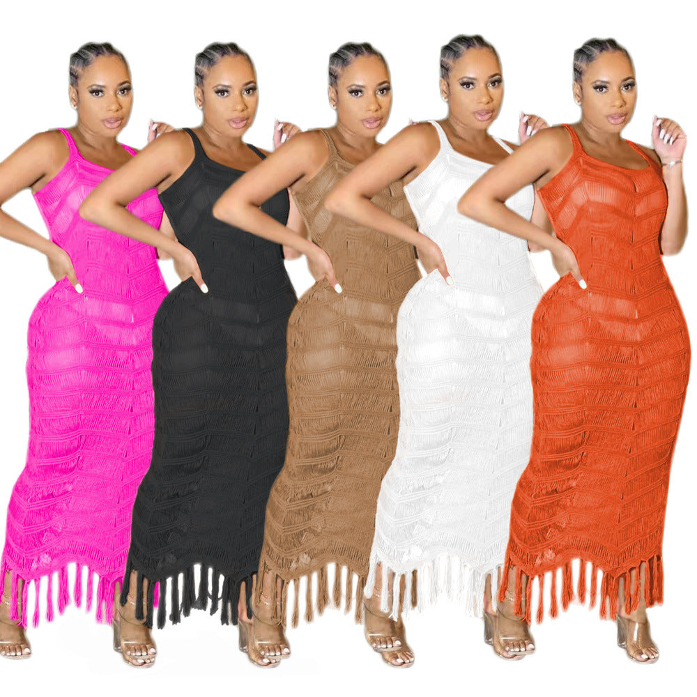 Sexy Sexy Knitted Tassel Sleeveless Seaside Maxi Dress