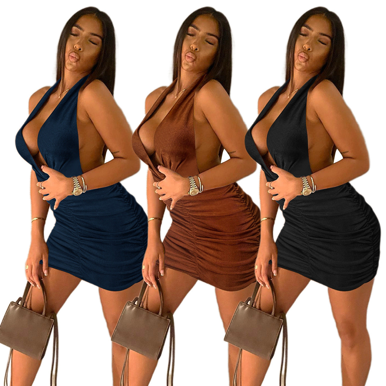 Sexy Sexy Halter Backless Ruched Mini Dress