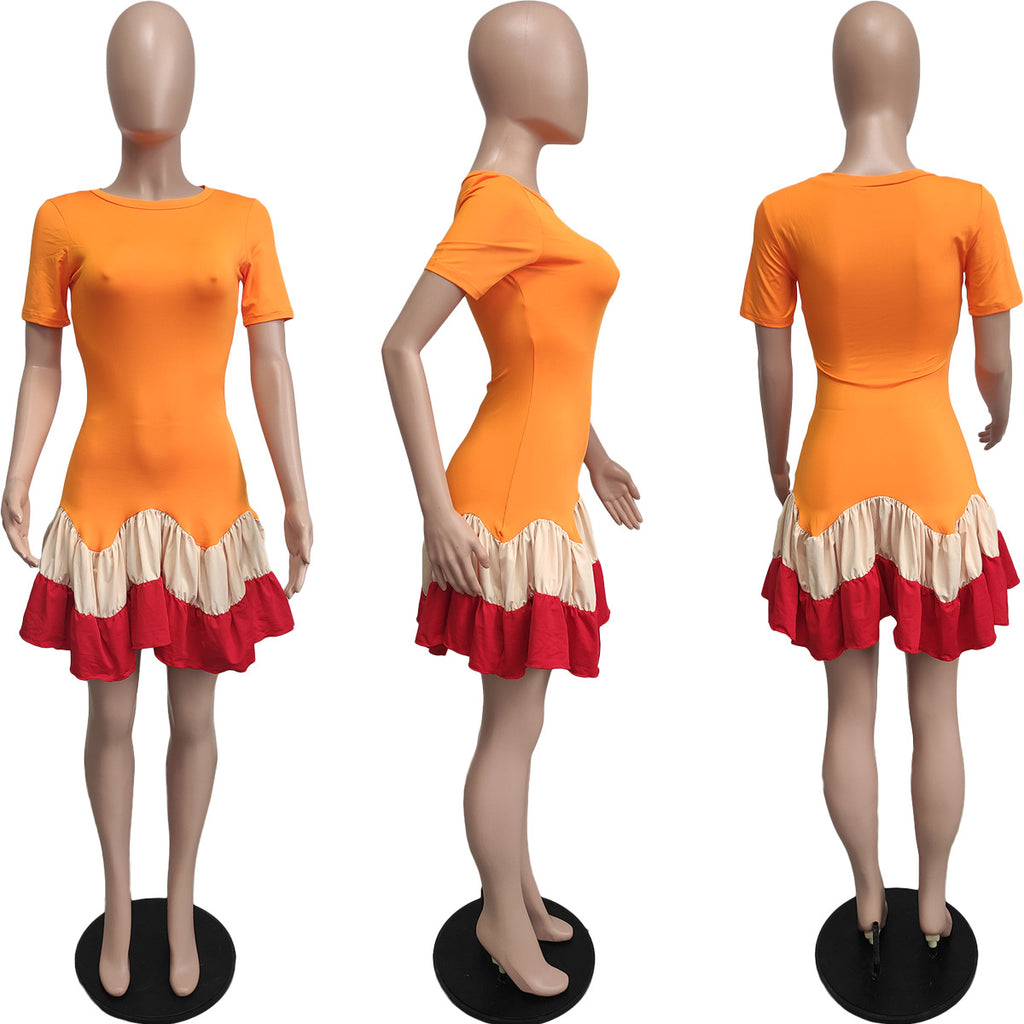 Sexy Short Sleeve Patchwork Pleated Mini Dress