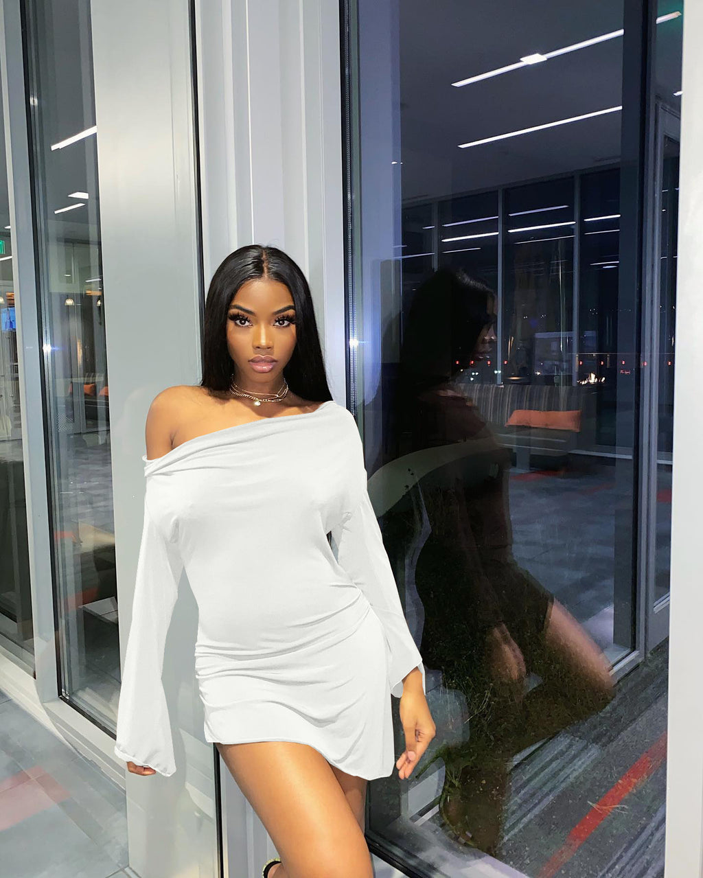 Sexy Solid Slash Neck Long Sleeve Mini Dress