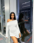 Sexy Solid Slash Neck Long Sleeve Mini Dress