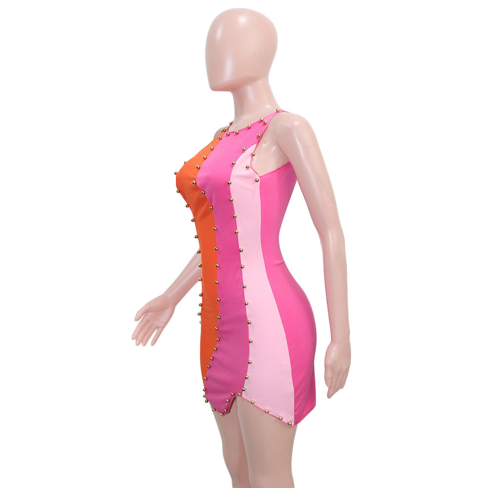 Sexy Contrast Color Beading Sleeveless Irregular Mini Dress