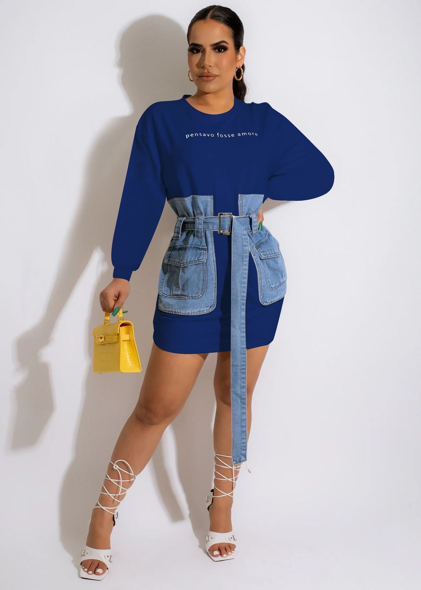 Sexy Denim Patchwork Embroidery Letter Belted Mini Dress