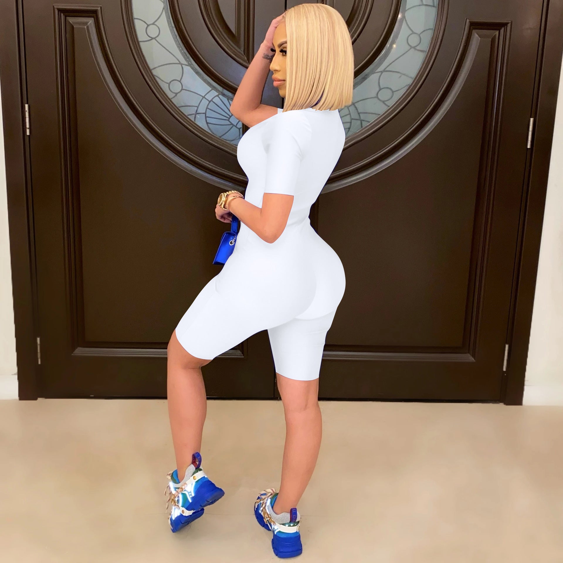 Sexy Casual Solid Short Sleeve Zipper Romper
