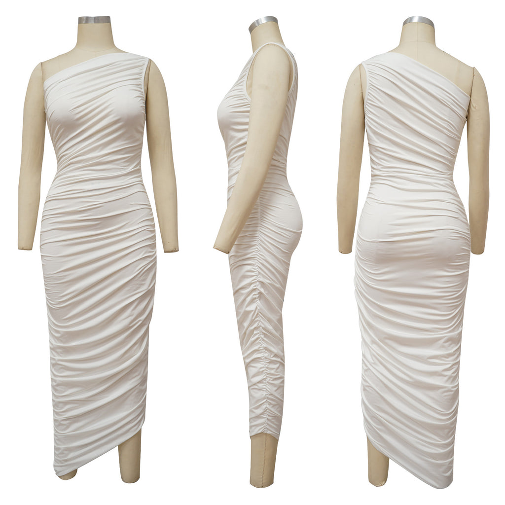 Sexy Sexy Solid Color Sloping Shoulder Ruched Slim Dress