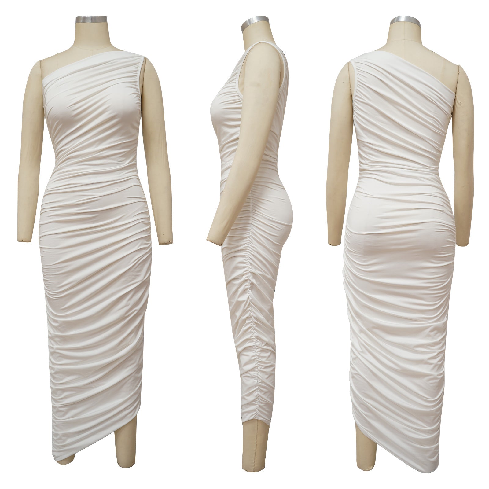 Sexy Sexy Solid Color Sloping Shoulder Ruched Slim Dress