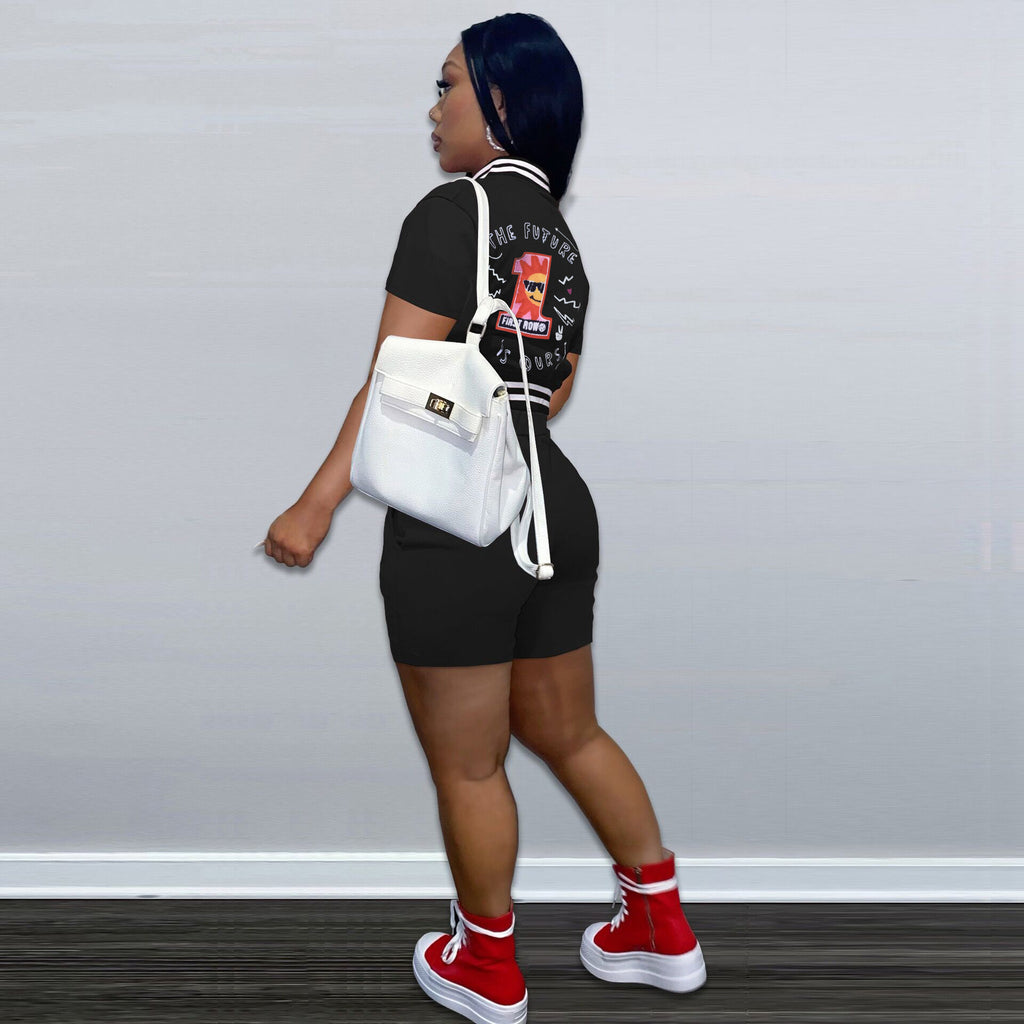 Sexy Fashion Printing Press Button Baseball Jacket Shorts Set