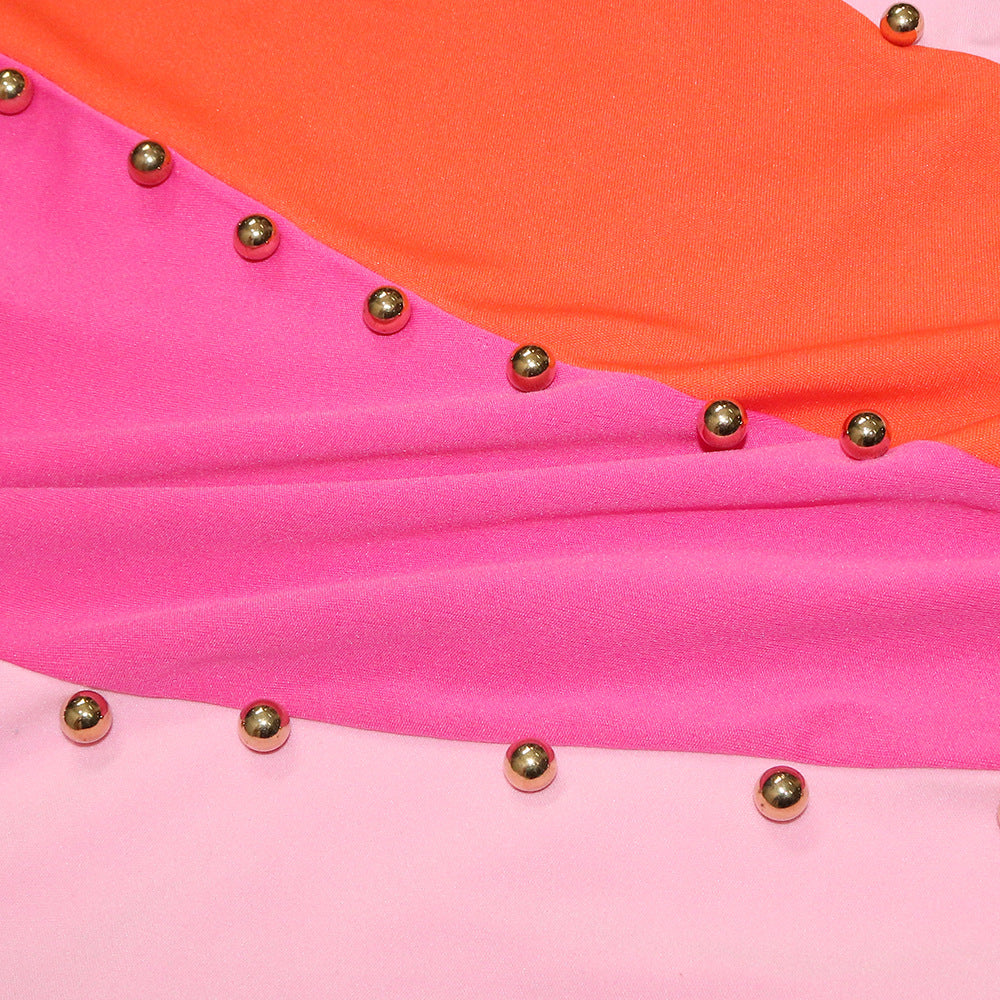 Sexy Contrast Color Beading Sleeveless Irregular Mini Dress