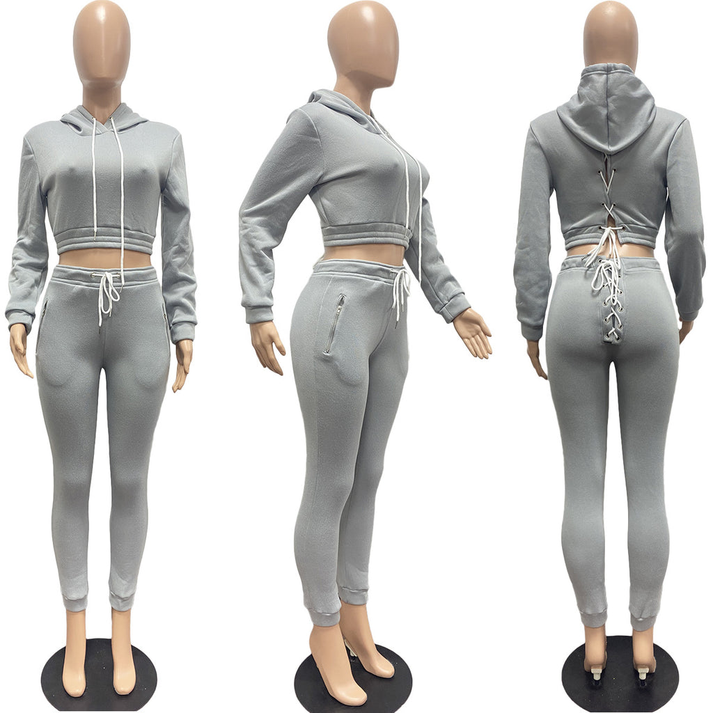 Sexy Solid Plush Hooded Lace Up Long Sleeve 2 Piece Pants Set