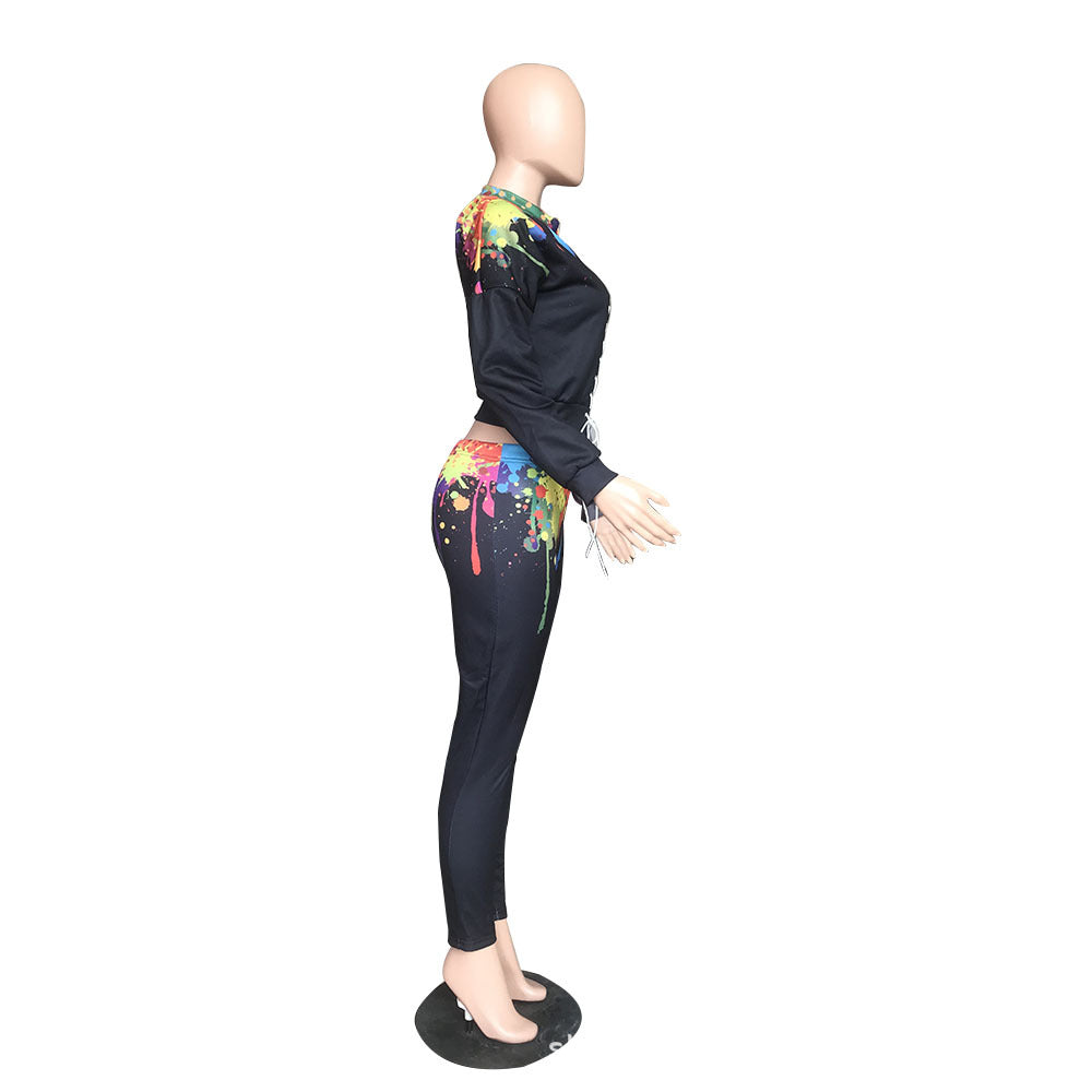 Sexy Splash Ink Print Lace Up Top Pants Two Piece Set