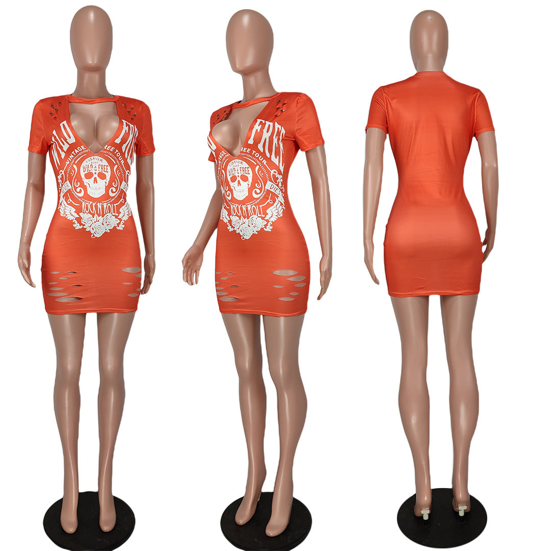 Sexy Skull Print Hole V Neck Short Sleeve Mini Dress