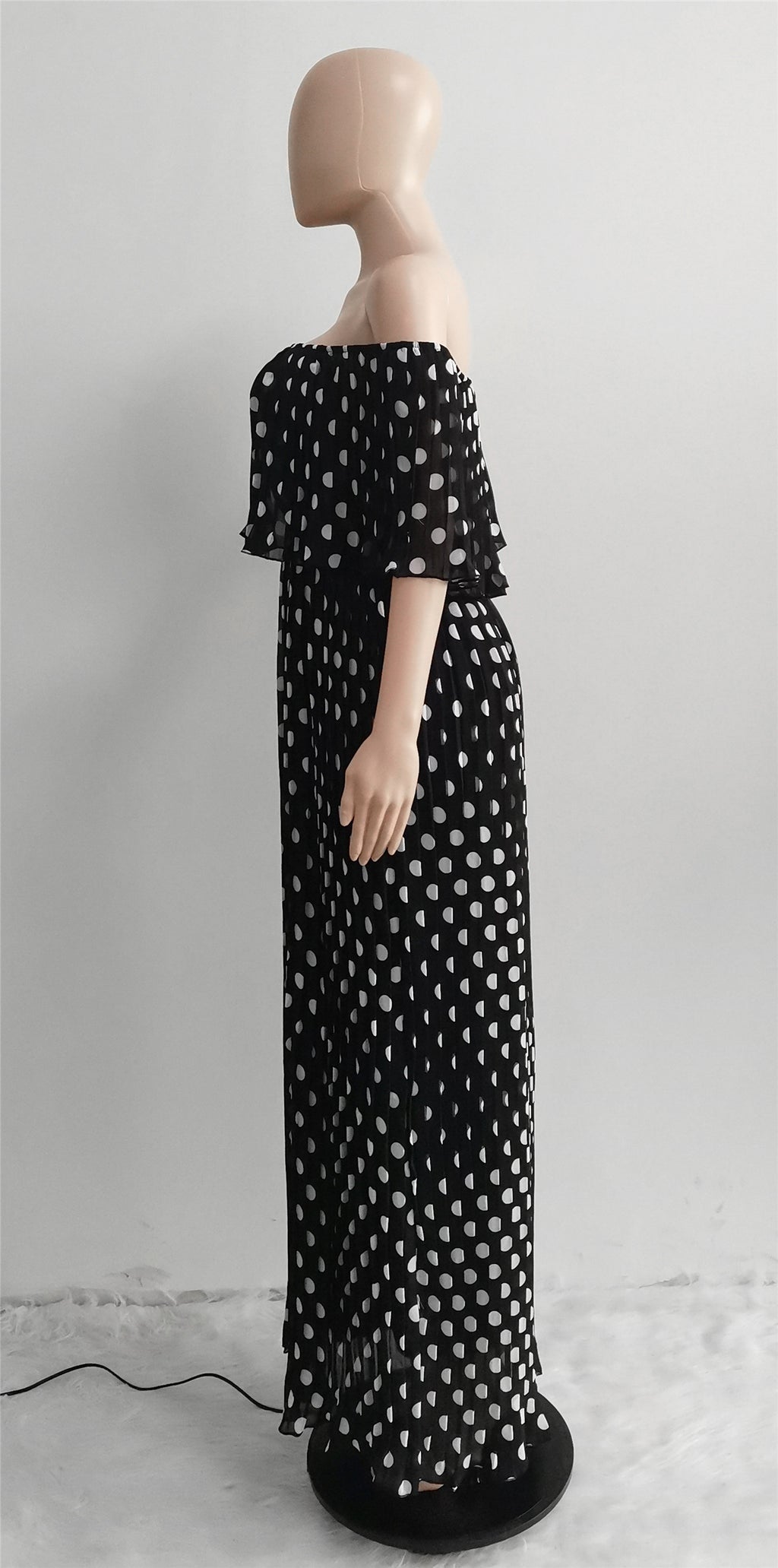 Sexy Chiffon Polka Dot Print Slash Neck Pleated Maxi Dress