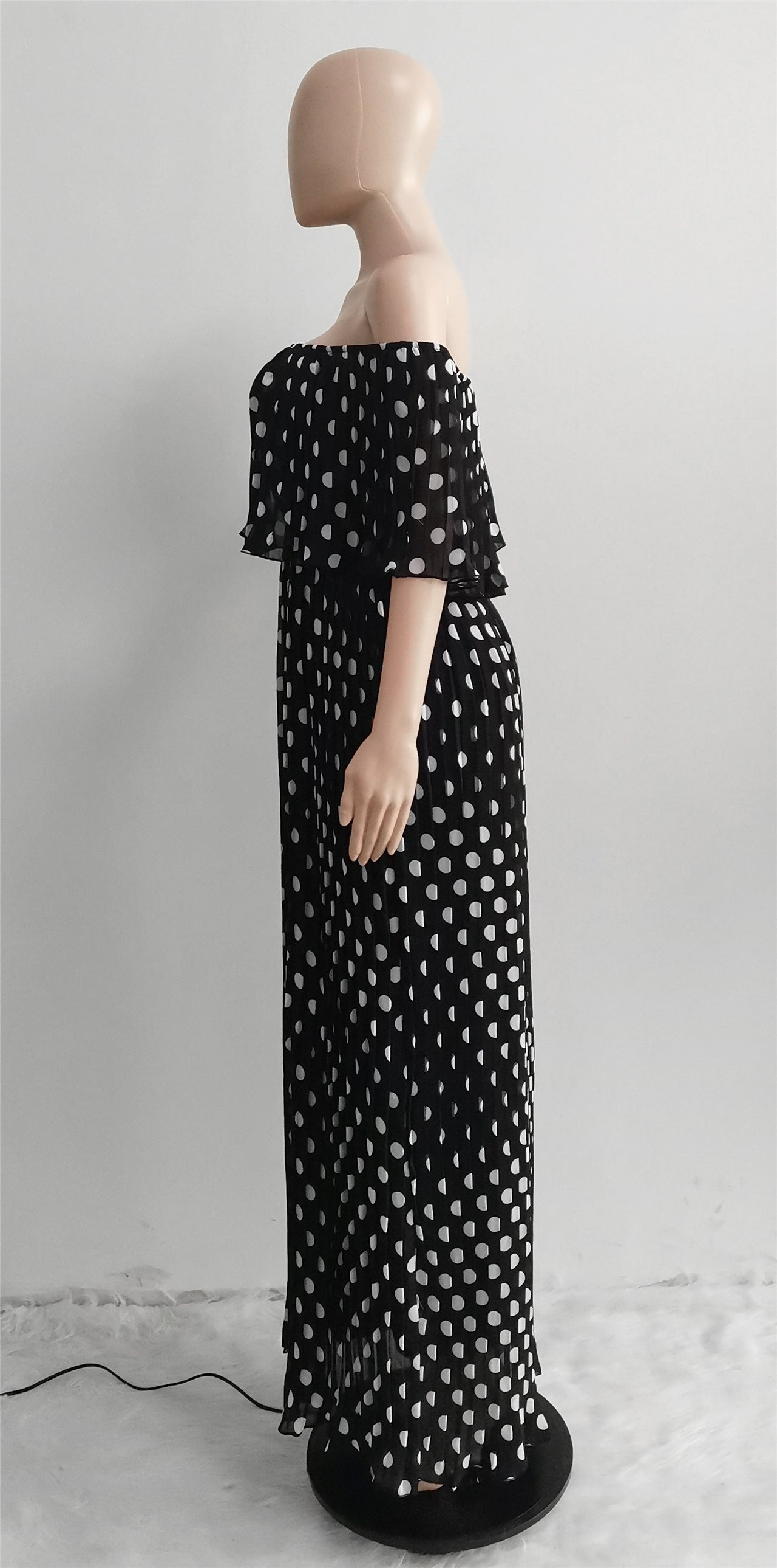 Sexy Chiffon Polka Dot Print Slash Neck Pleated Maxi Dress