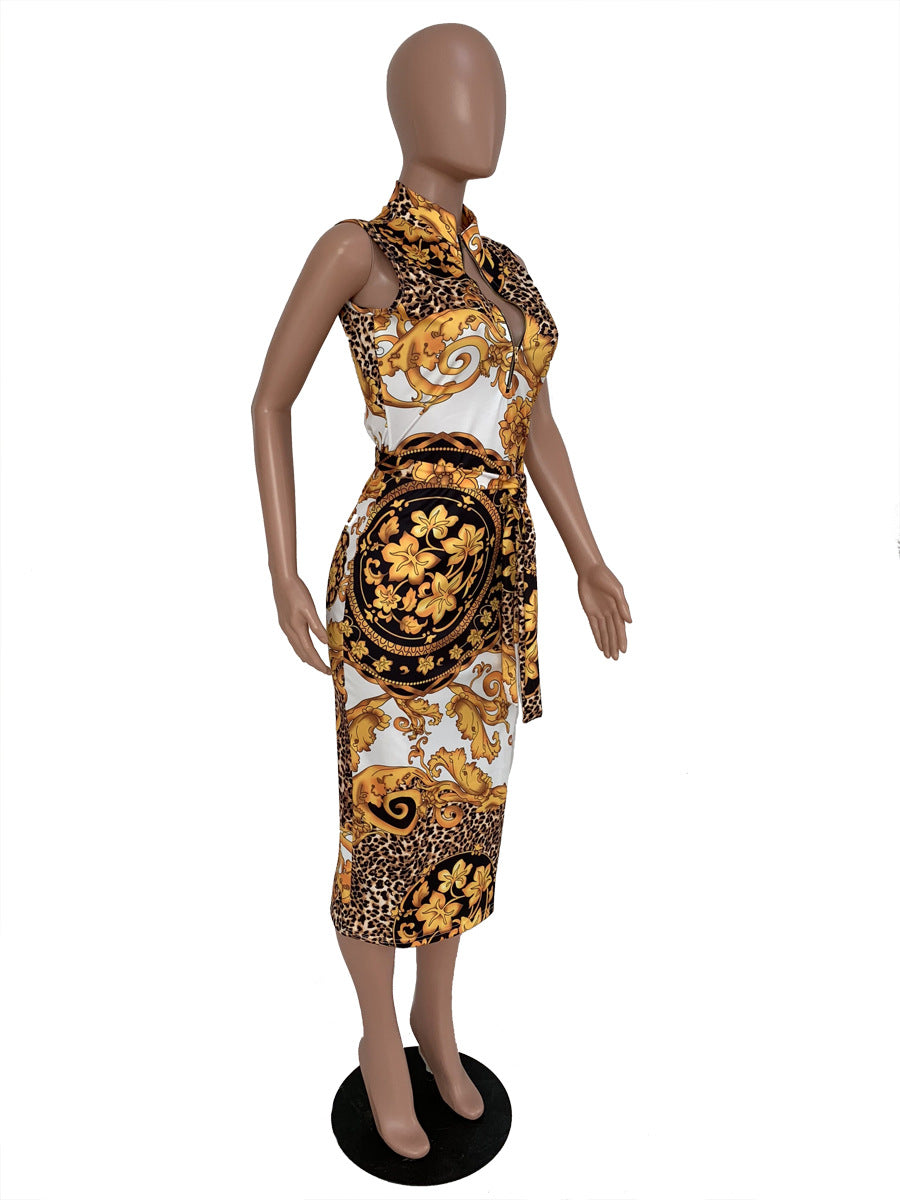 Sexy Fashion Sexy Print Slim Zip Sleeveless Midi Dress