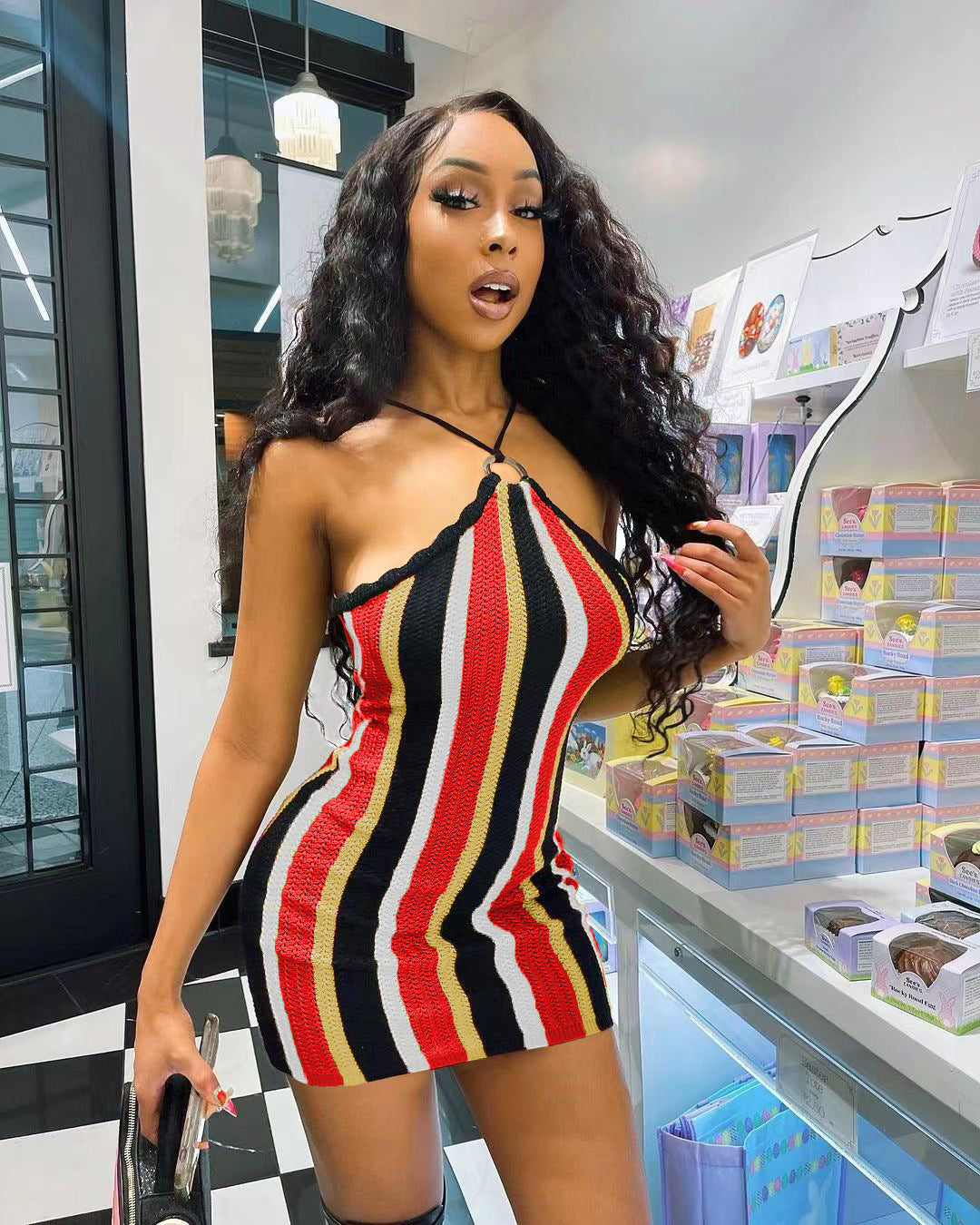 Sexy Sexy Striped Knit Spaghetti Strap Mini Dress