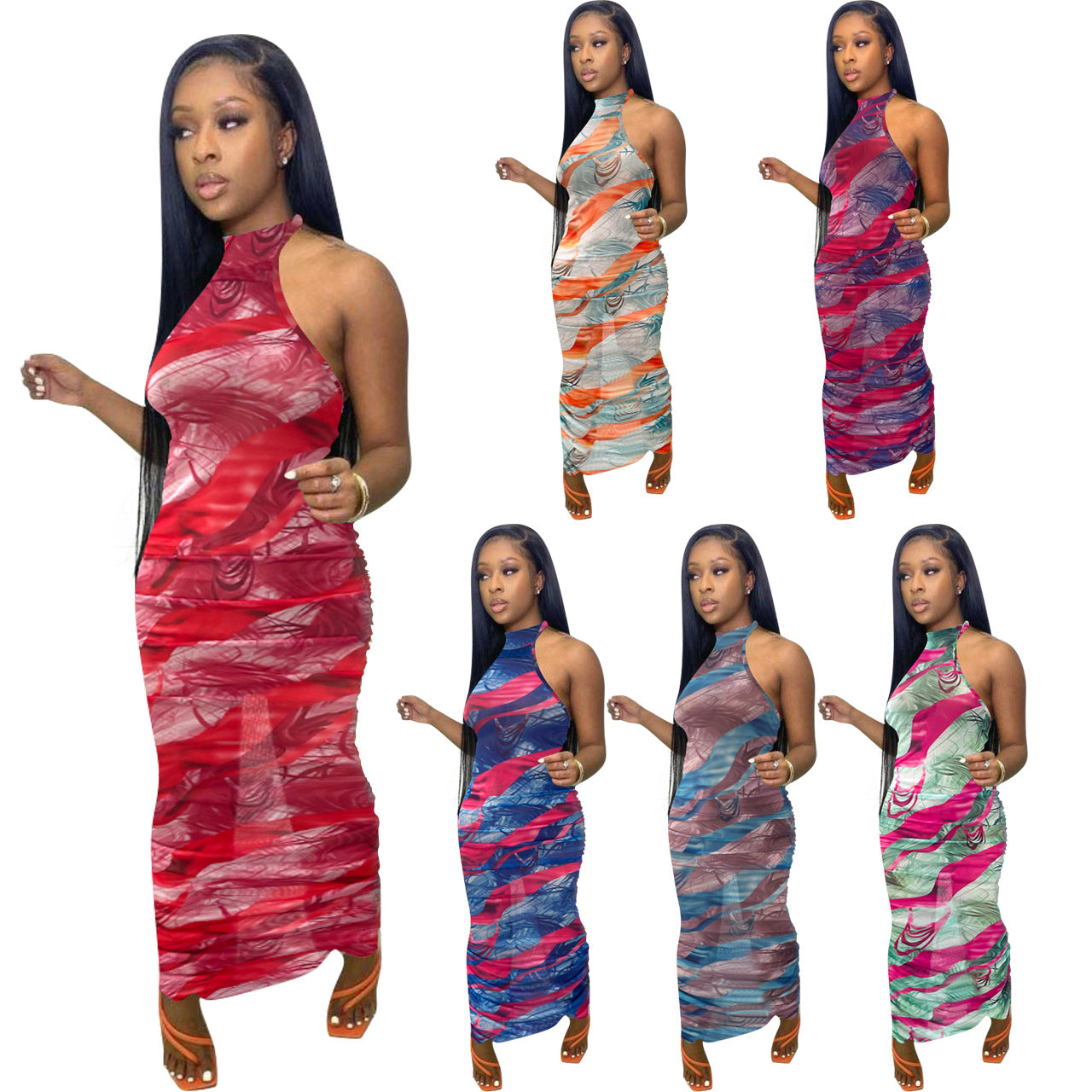 Sexy Sexy Mesh Print Halter Ruched Maxi Dress