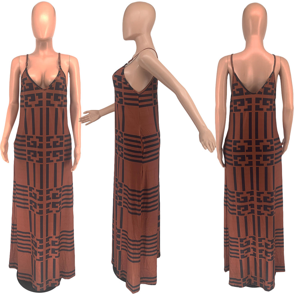 Sexy Plus Size Printed Sleeveless Sling Maxi Dress
