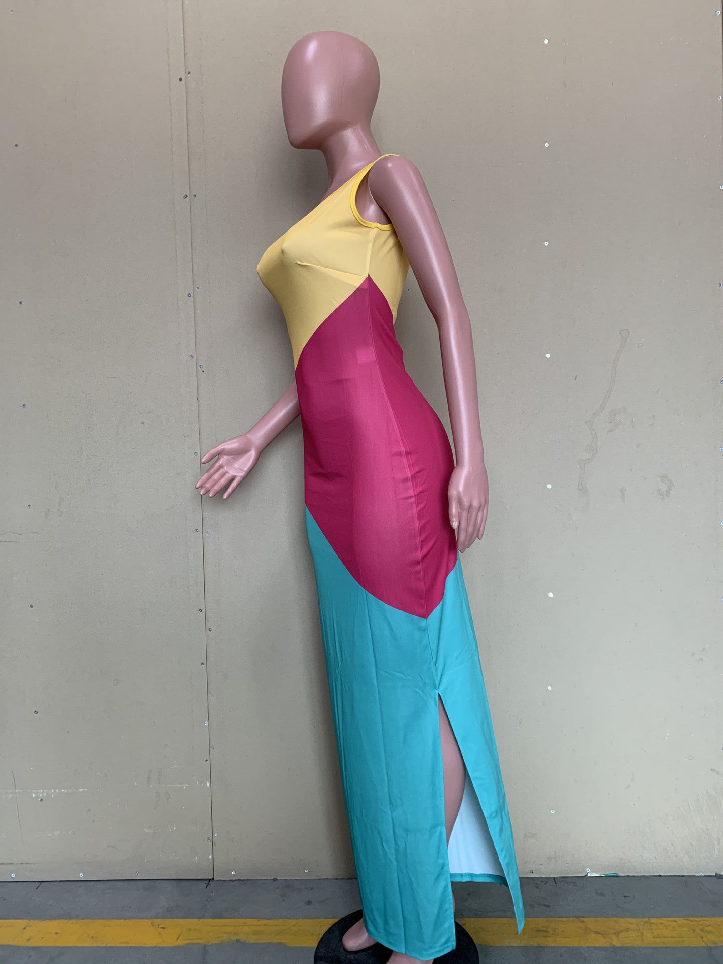 Sexy Contrast Color Sleeveless Split Long Dress