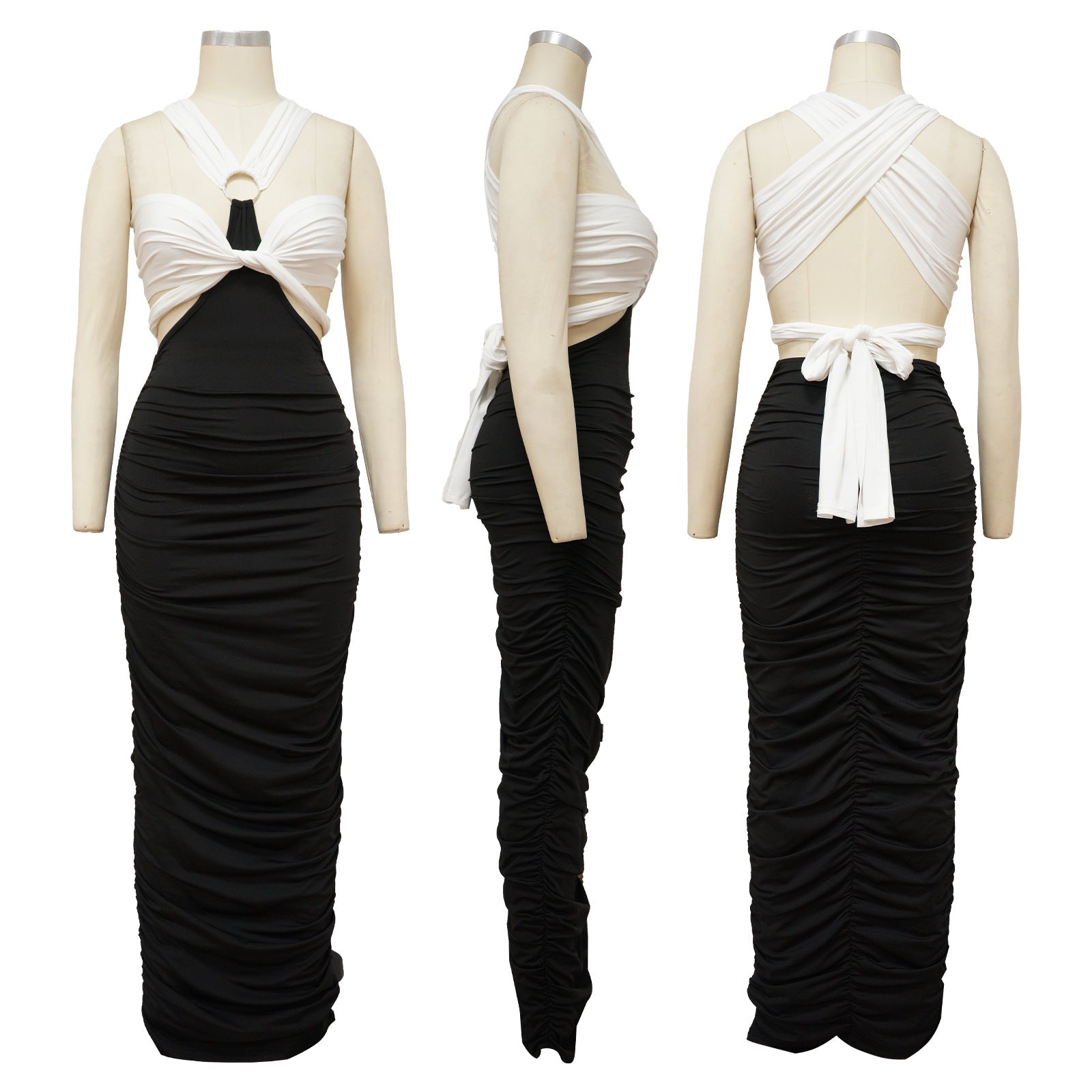 Sexy Slim Contrast Ruched Maxi Dress