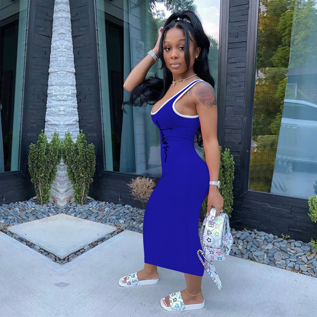 Sexy Letter Print Sleeveless Casual Maxi Dress