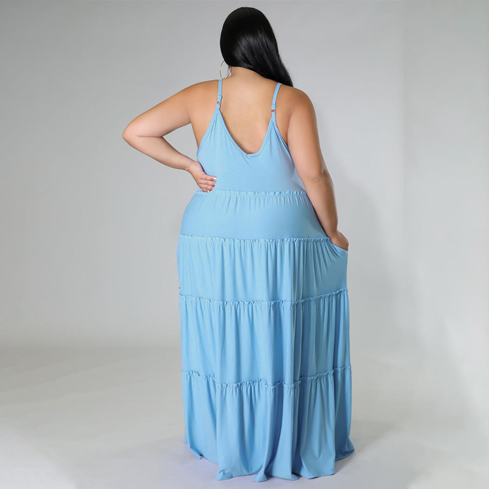 Sexy Plus Size Solid High Waist Sling Maxi Dress