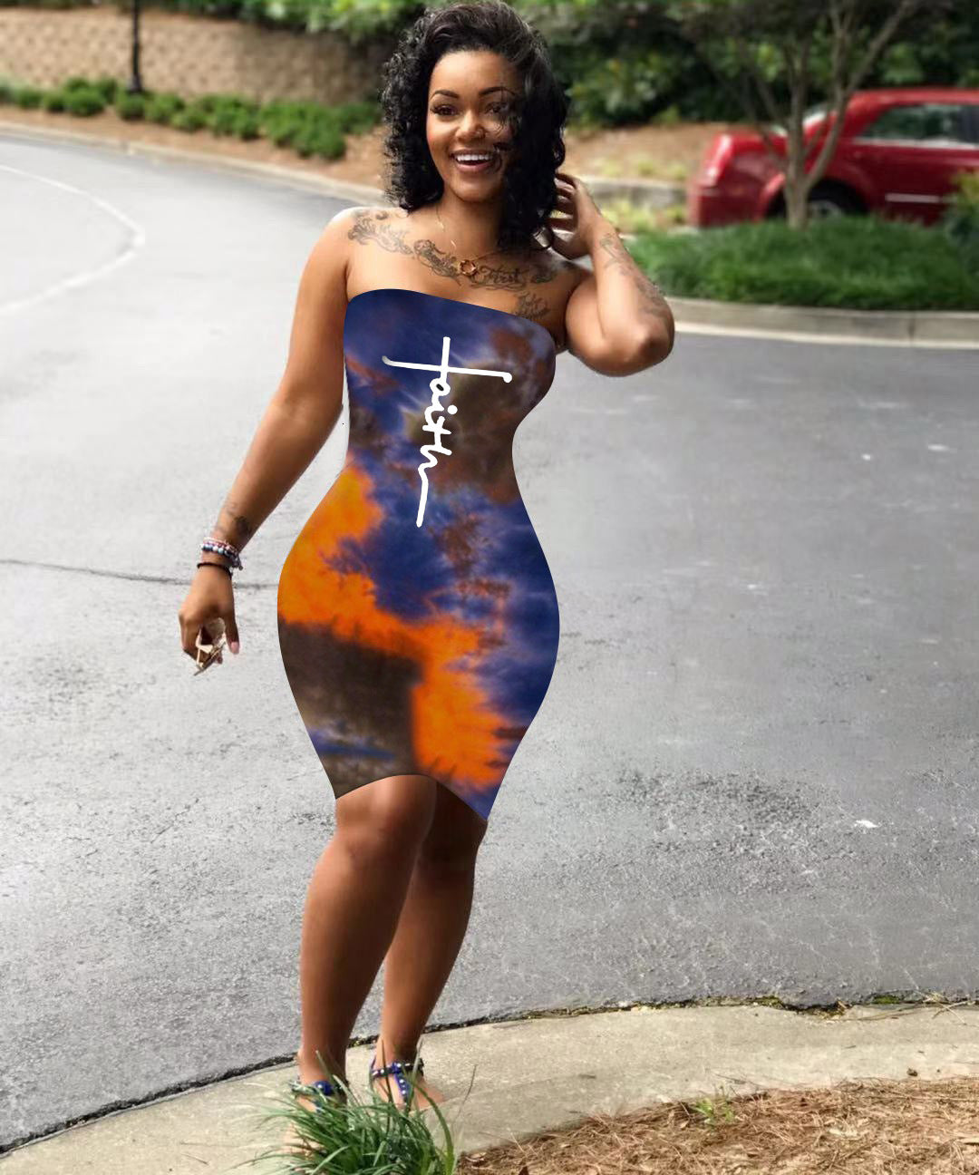 Sexy Tie Dye Print Strapless Off Shoulder Dress