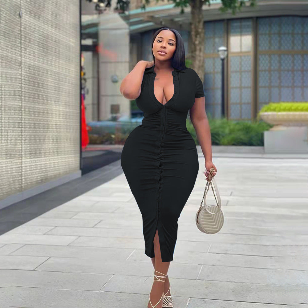 Sexy Plus Size Solid Short Sleeve Slim Long Dress