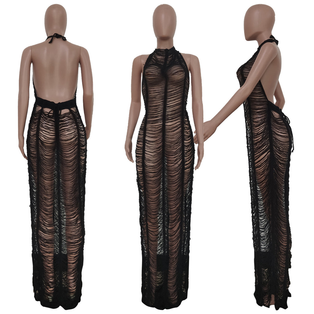 Sexy Solid Knitted Halter Hollow Out Maxi Dress