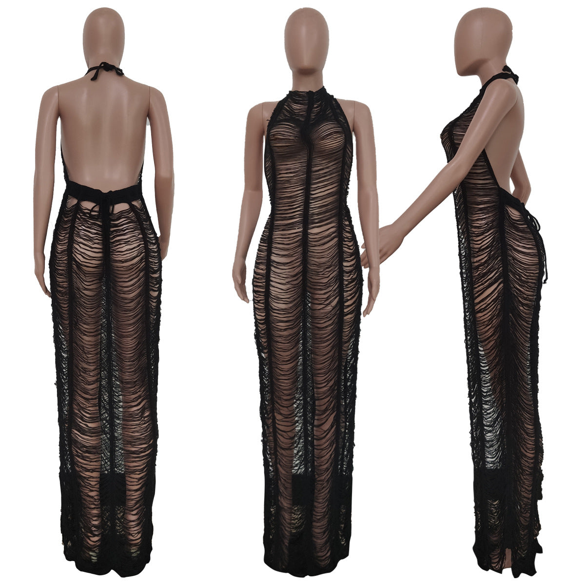 Sexy Solid Knitted Halter Hollow Out Maxi Dress