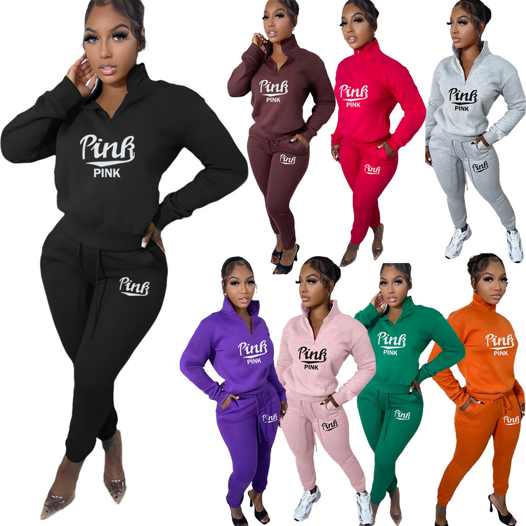 Sexy Pink Letter Print Plus Fleece Pullover Pant Two Piece Set