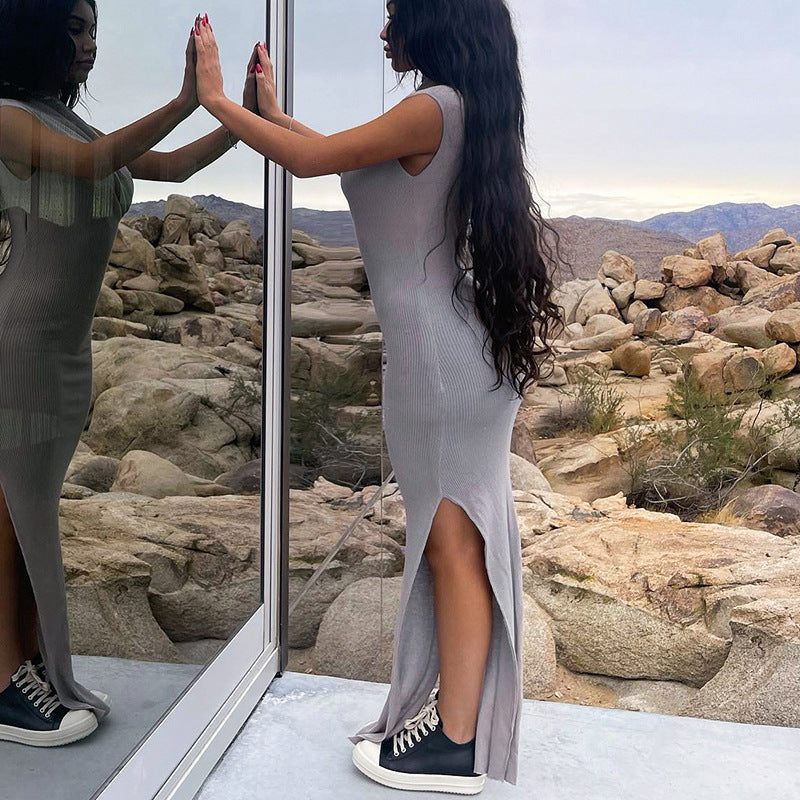 Sexy Solid Ribbed One Shoulder Split Maxi Dress