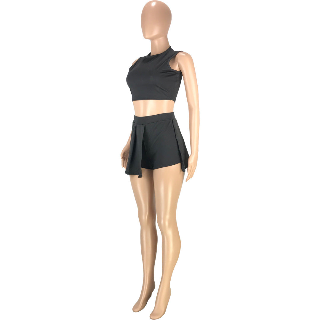 Sexy Solid Sleeveless Culottes Shorts Two Piece Sets