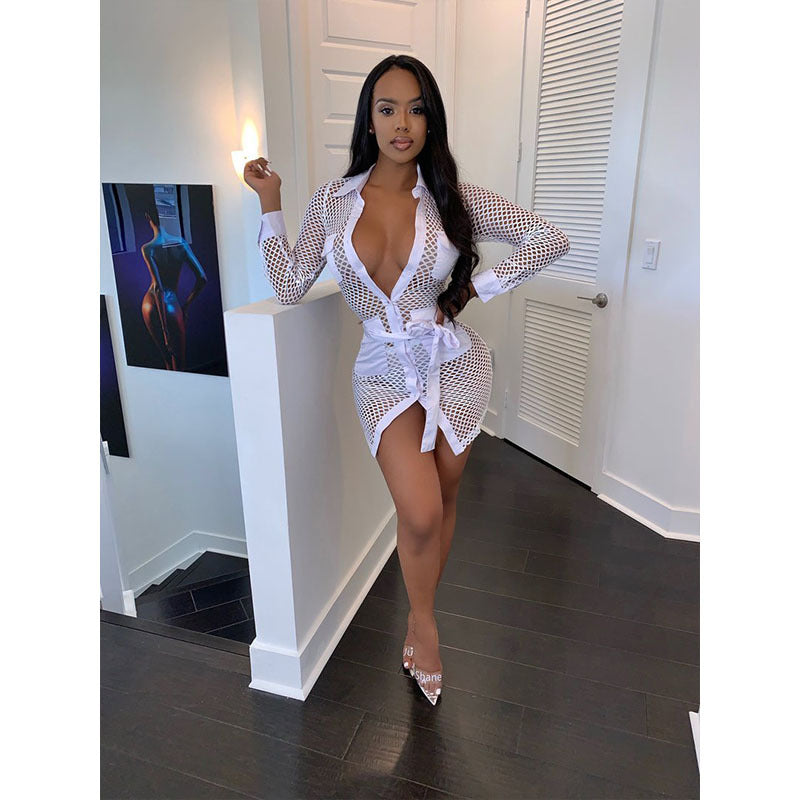 Sexy Fashion Solid Color Long Sleeve Perspective Mini Dress