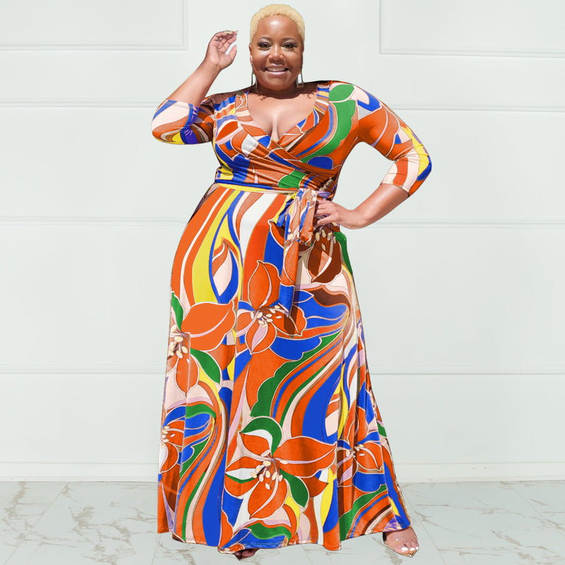 Sexy Plus Size Printed V Neck Sashes Maxi Dress