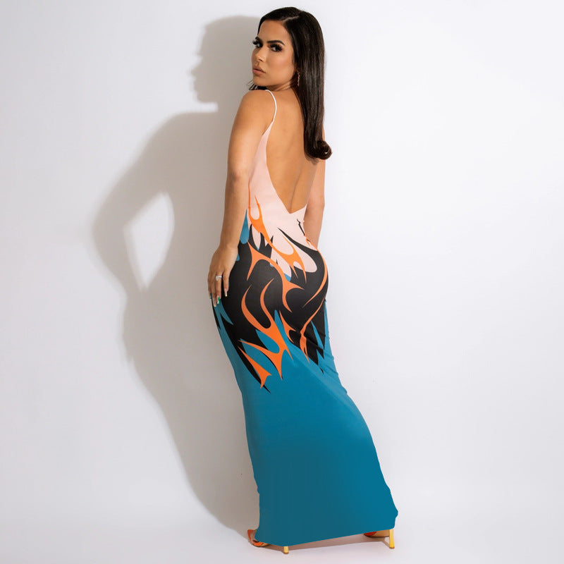 Sexy Plus Size Printed Backless Sleeveless Maxi Dress