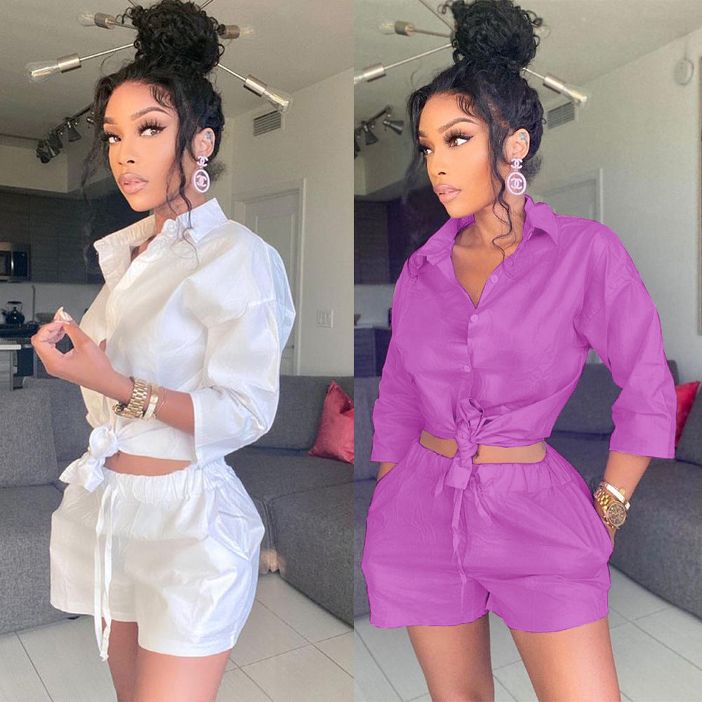 Sexy Solid Shirt Top And Shorts Two Piece Sets