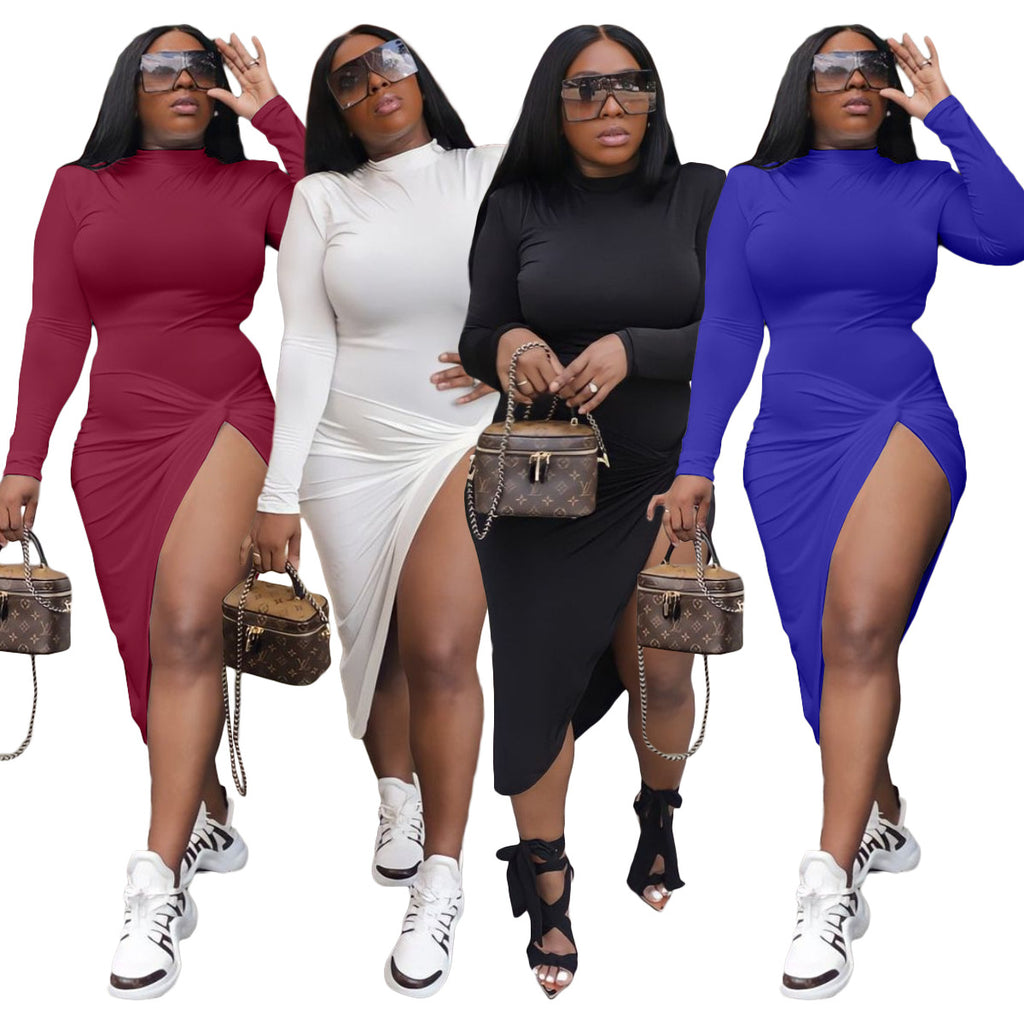 Sexy Solid Long Sleeve Split Slim Midi Dress