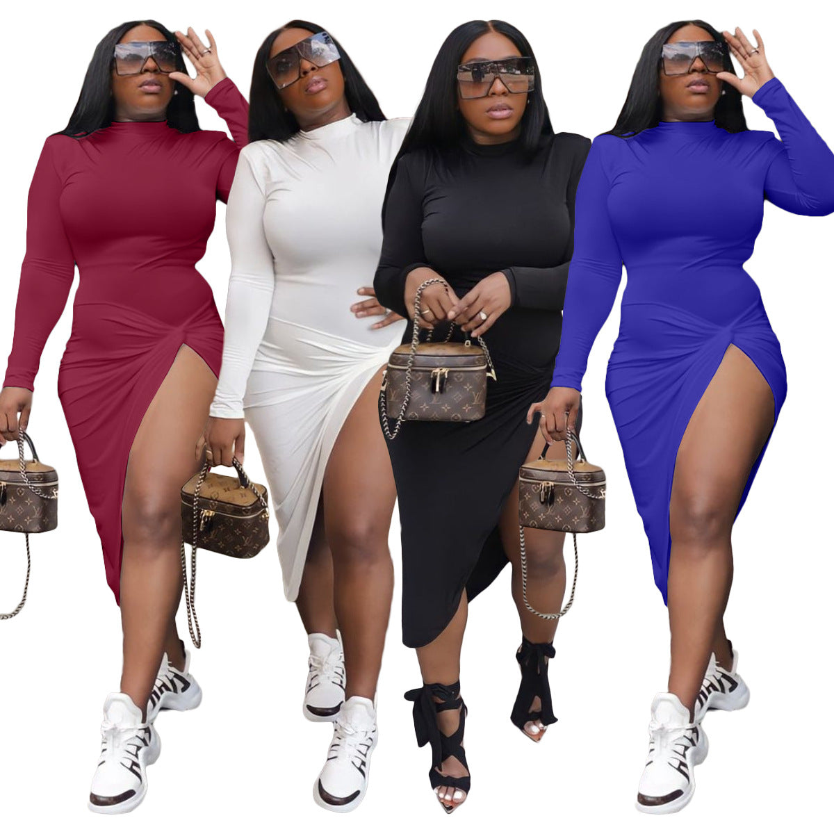 Sexy Solid Long Sleeve Split Slim Midi Dress