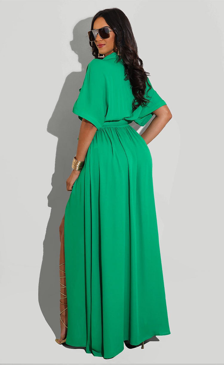 Sexy Solid Short Sleeve Sashes Maxi Dress