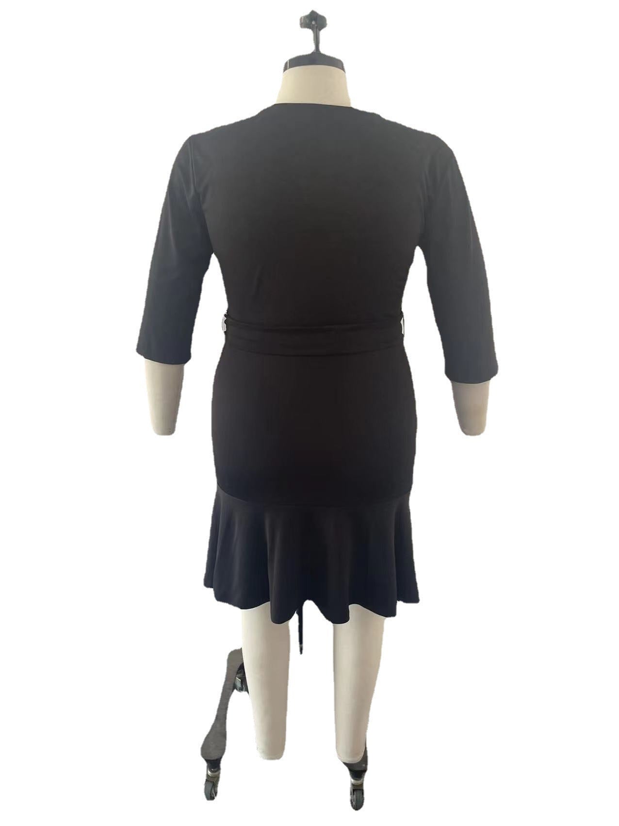 Sexy Plus Size 3/4 Sleeve Deep V Ruffle Dress