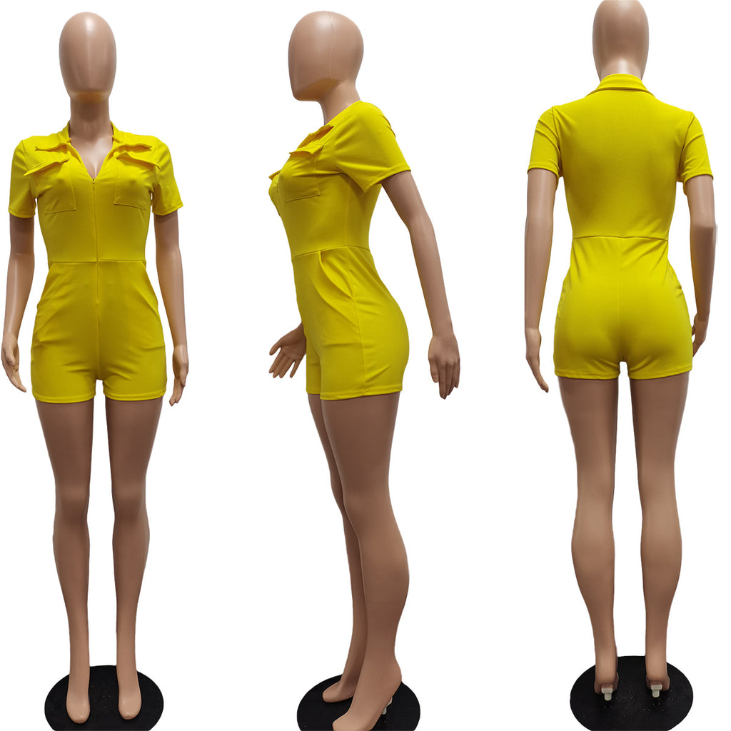 Sexy Solid Short Sleeve Pocket Tight Romper
