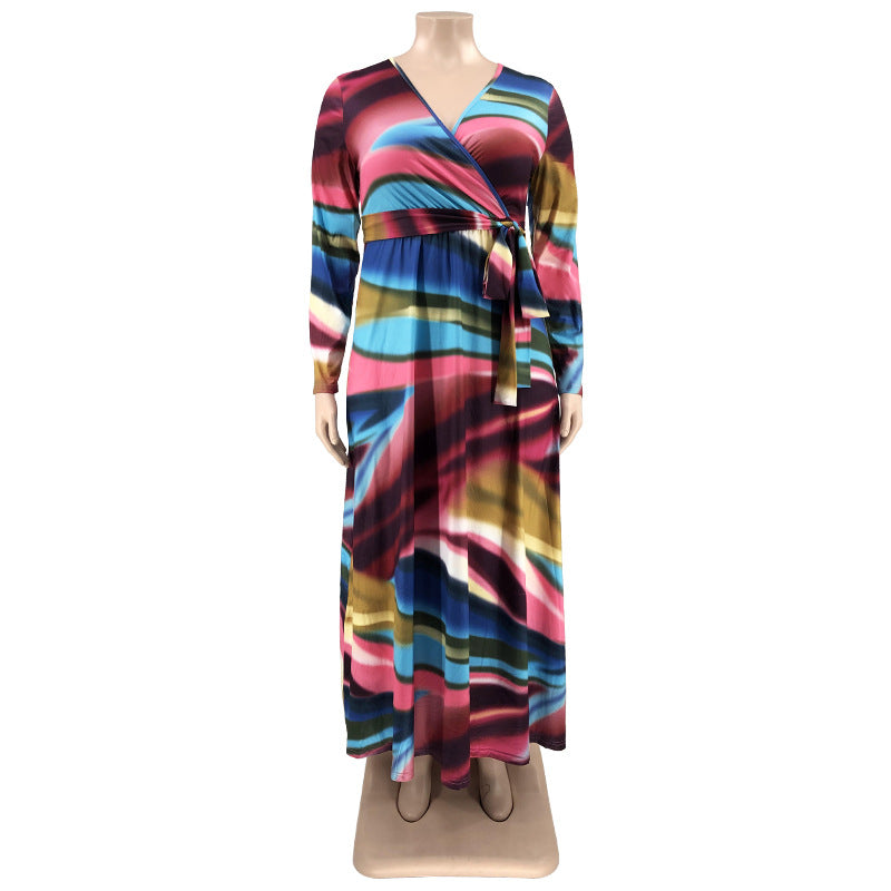 Sexy Plus Size Printed V Neck Long Sleeve Sashes Maxi Dress