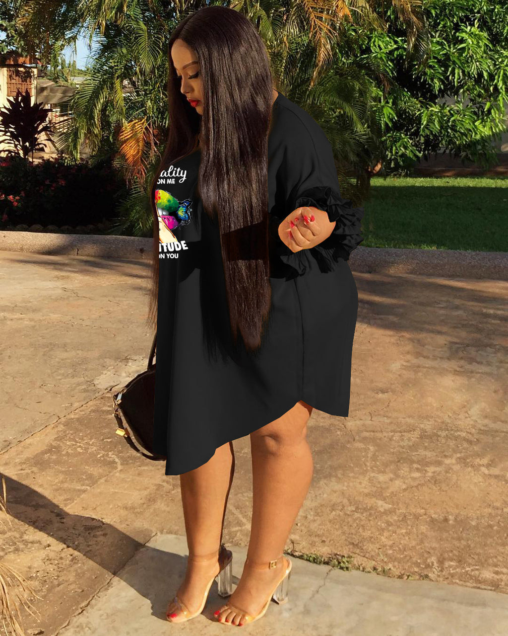 Sexy Plus Size Lip Print Ruffled Sleeve Knee Length Dress