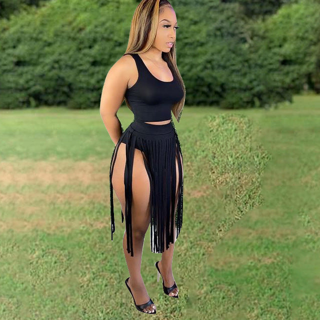 Sexy Solid Tank Top Tassel Skirt Two Piece Sets