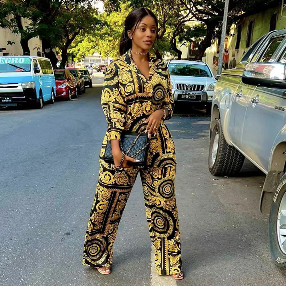 Sexy Long Sleeve Print Loose Shirt And Wide Leg Pant 2 Piece Set