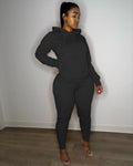 Sexy Solid Color Casual Hooded Sweatshirt Two Piece Pant Set
