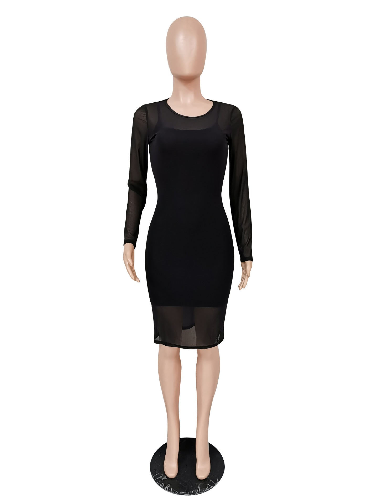 Sexy Solid Long Sleeve Mesh Midi Dress+Sling Mini Dress 2 Piece Sets