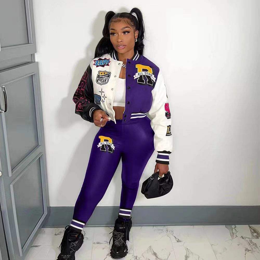 Sexy Casual Print Long Sleeve Jacket Coat And Tight Pants Two Piece Set
