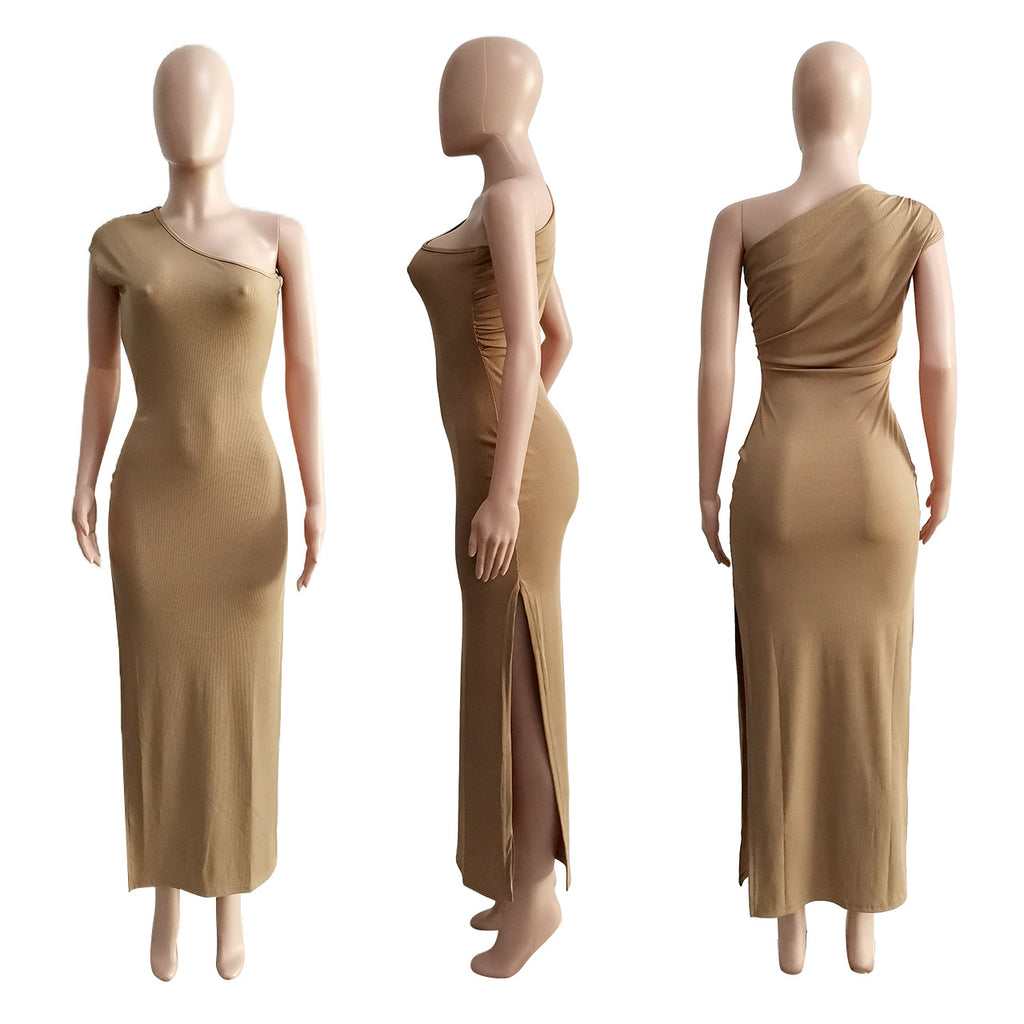 Sexy Solid Ribbed One Shoulder Split Maxi Dress