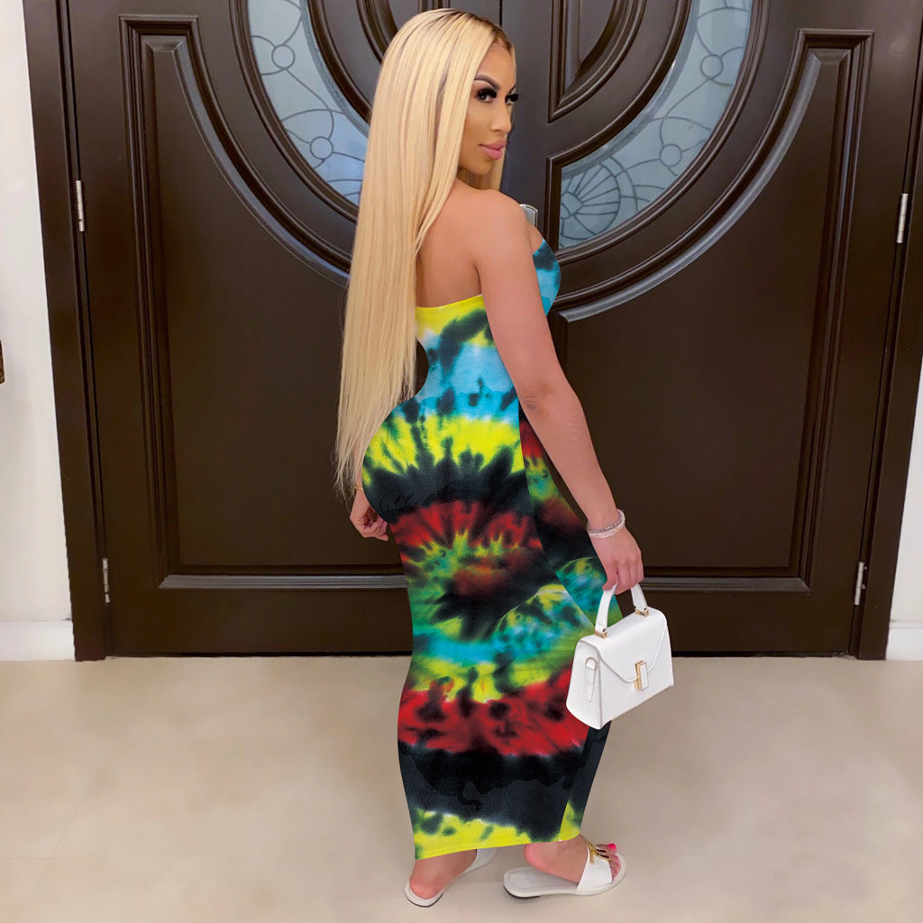 Sexy Tie Dye Print Strapless Off Shoulder Maxi Dress
